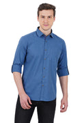 Living Legend Men Mid Blue Plain Cotton Slim Fit Full Sleeve Casual Shirt