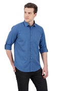 Living Legend Men Mid Blue Plain Cotton Slim Fit Full Sleeve Casual Shirt