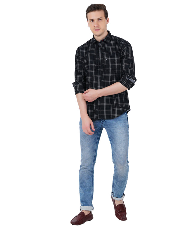 Living Legend Men Black Grey Checked Cotton Slim Fit Full Sleeve Casual Shirt