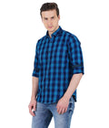 Living Legend Men Turquoise Navy Checked Cotton Slim Fit Full Sleeve Casual Shirt