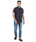 Living Legend Men Navy Brown Checked Cotton Slim Fit Half Sleeve Casual Shirt