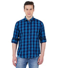 Living Legend Men Turquoise Navy Checked Cotton Slim Fit Full Sleeve Casual Shirt