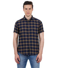 Living Legend Men Navy Brown Checked Cotton Slim Fit Half Sleeve Casual Shirt