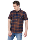 Living Legend Men Brown Navy Checked Cotton Slim Fit Half Sleeve Casual Shirt