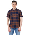 Living Legend Men Brown Navy Checked Cotton Slim Fit Half Sleeve Casual Shirt
