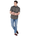 Living Legend Men Grey Olive Printed Cotton Slim Fit Half Sleeve Casual Shirt
