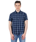 Living Legend Men Navy Grey Checked Cotton Slim Fit Half Sleeve Casual Shirt