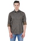 Living Legend Men Grey Olive Printed Cotton Slim Fit Full Sleeve Casual Shirt