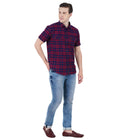 Living Legend Men Red Navy Checked Cotton Slim Fit Half Sleeve Casual Shirt