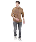 Living Legend Men Khaki Brown Checked Cotton Slim Fit Full Sleeve Casual Shirt