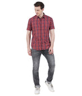 Living Legend Men Brick Red Navy Checked Cotton Slim Fit Half Sleeve Casual Shirt