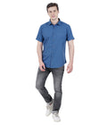 Living Legend Men Mid Blue Plain Cotton Slim Fit Half Sleeve Casual Shirt