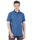 Living Legend Men Mid Blue Plain Cotton Slim Fit Half Sleeve Casual Shirt