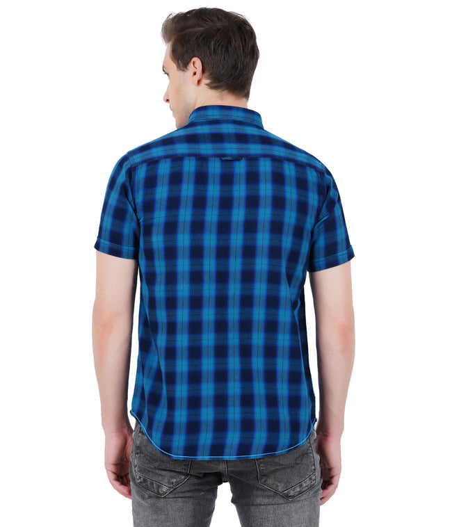Living Legend Men Turquoise Navy Checked Cotton  Slim Fit Half Sleeve  Casual Shirt