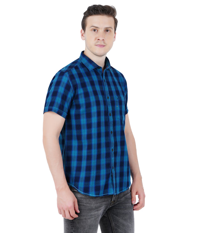 Living Legend Men Turquoise Navy Checked Cotton  Slim Fit Half Sleeve  Casual Shirt