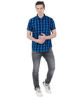Living Legend Men Turquoise Navy Checked Cotton  Slim Fit Half Sleeve  Casual Shirt