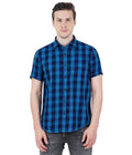 Living Legend Men Turquoise Navy Checked Cotton  Slim Fit Half Sleeve  Casual Shirt