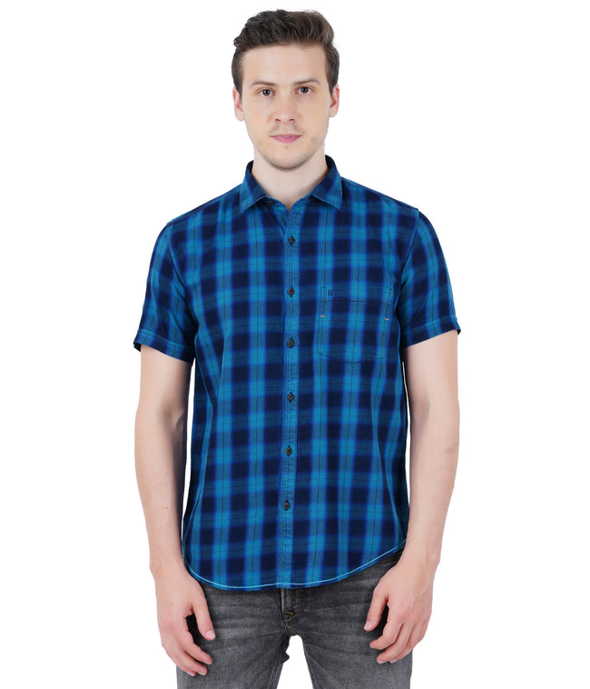 Living Legend Men Turquoise Navy Checked Cotton  Slim Fit Half Sleeve  Casual Shirt