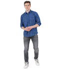 Living Legend Men Light Blue Navy Checked Cotton Slim Fit Full Sleeve Casual Shirt