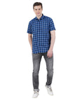 Living Legend Men Light Blue Navy Checked Cotton Slim Fit Half Sleeve Casual Shirt