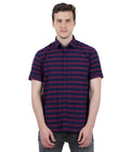 Living Legend Men Maroon Navy Striped Cotton Slim Fit Half Sleeve Casual Shirt