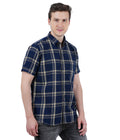Living Legend Men Navy Beige Checked Cotton Slim Fit Half Sleeve Casual Shirt