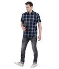 Living Legend Men Navy Beige Checked Cotton Slim Fit Half Sleeve Casual Shirt