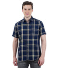 Living Legend Men Navy Beige Checked Cotton Slim Fit Half Sleeve Casual Shirt
