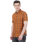 Living Legend Men Mud Orange Navy Checked Cotton Slim Fit Half Sleeve Casual Shirt