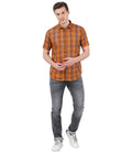 Living Legend Men Mud Orange Navy Checked Cotton Slim Fit Half Sleeve Casual Shirt