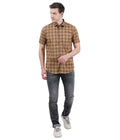 Living Legend Men Khaki Brown Checked Cotton Slim Fit Half Sleeve Casual Shirt