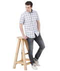 Living Legend Men White Grey Checked Cotton Slim Fit Half Sleeve Casual Shirt