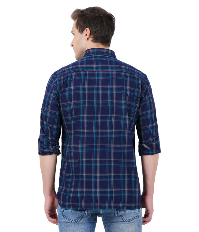 Living Legend Men Navy Green Checked Cotton Slim Fit Full Sleeve Casual Shirt