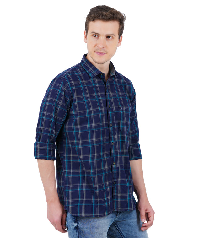 Living Legend Men Navy Green Checked Cotton Slim Fit Full Sleeve Casual Shirt