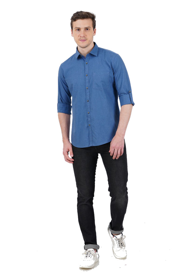 Living Legend Men Mid Blue Plain Cotton Slim Fit Full Sleeve Casual Shirt