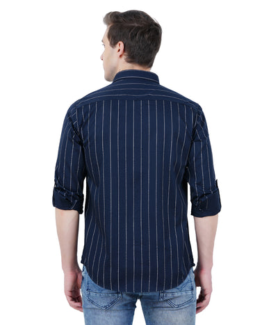 Living Legend Men Navy Striped Cotton Slim Fit Full Sleeve Casual Shirt