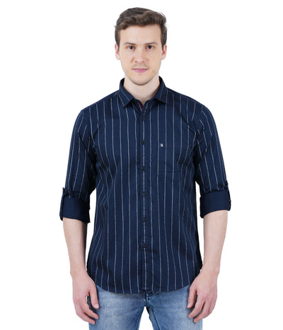 Living Legend Men Navy Striped Cotton Slim Fit Full Sleeve Casual Shirt