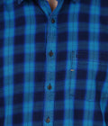 Living Legend Men Turquoise Navy Checked Cotton Slim Fit Full Sleeve Casual Shirt