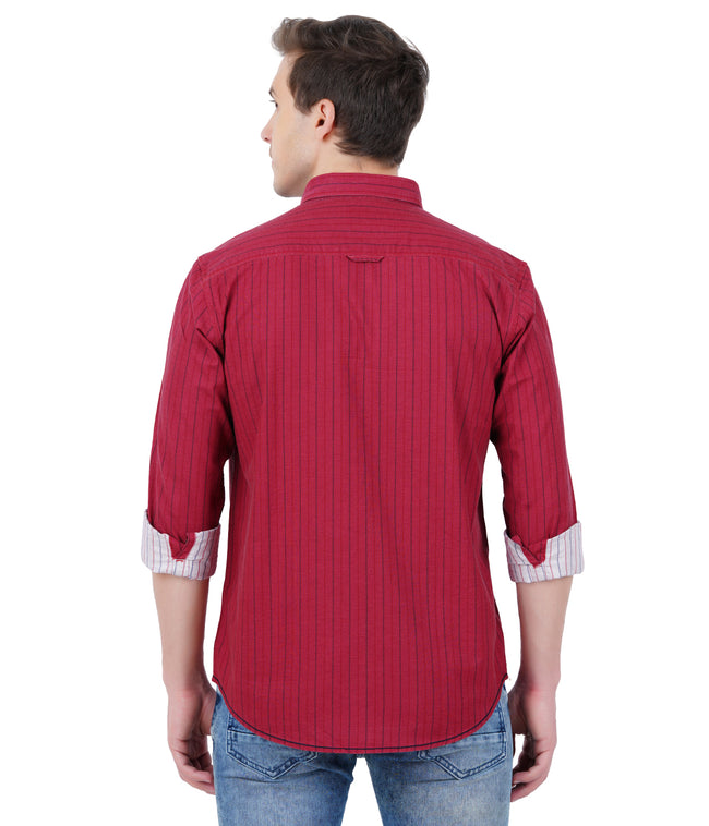 Living Legend Men Mud Red Striped Cotton Slim Fit Full Sleeve Casual Shirt