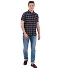 Living Legend Men Navy Brown Checked Cotton  Slim Fit Half Sleeve  Casual Shirt