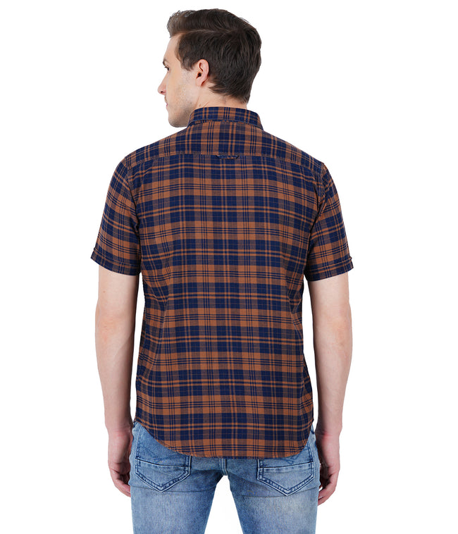 Living Legend Men Brown Navy Checked Cotton Slim Fit Half Sleeve Casual Shirt