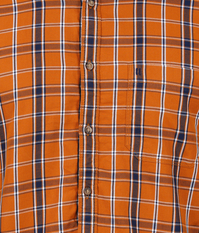 Living Legend Men Mud Orange Navy Checked Cotton Slim Fit Full Sleeve Casual Shirt