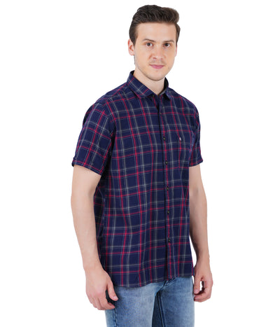 Living Legend Men Navy Red Checked Cotton Slim Fit Half Sleeve Casual Shirt