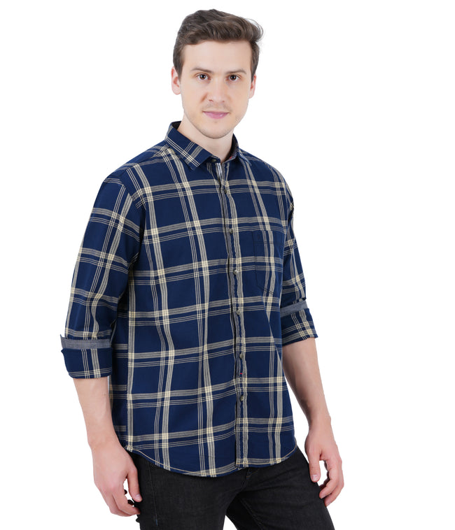 Living Legend Men Navy Beige Checked Cotton Slim Fit Full Sleeve Casual Shirt