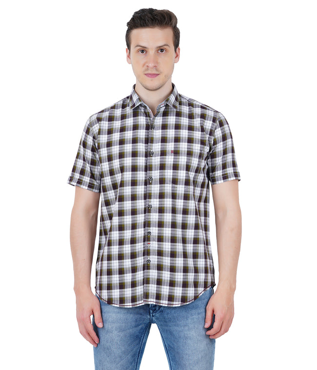 Living Legend Men White Maroon Checked Cotton Slim Fit Half Sleeve Casual Shirt