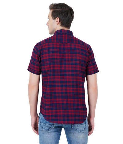 Living Legend Men Red Navy Checked Cotton  Slim Fit Half Sleeve  Casual Shirt