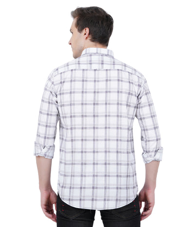 Living Legend Men White Khaki Checked Cotton Slim Fit Full Sleeve Casual Shirt