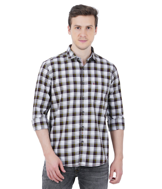 Living Legend Men White Maroon Checked Cotton Slim Fit Full Sleeve Casual Shirt