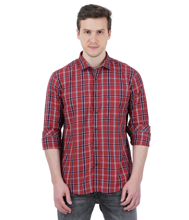Living Legend Men Brick Red Navy Checked Cotton Slim Fit Full Sleeve Casual Shirt