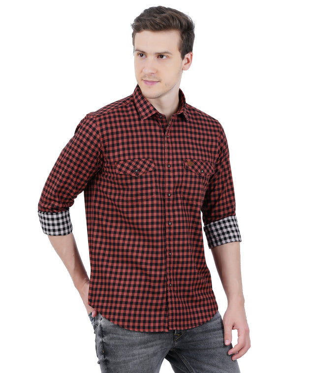 Living Legend Men Mud Brown Black Checked Cotton Slim Fit Full Sleeve Casual Shirt